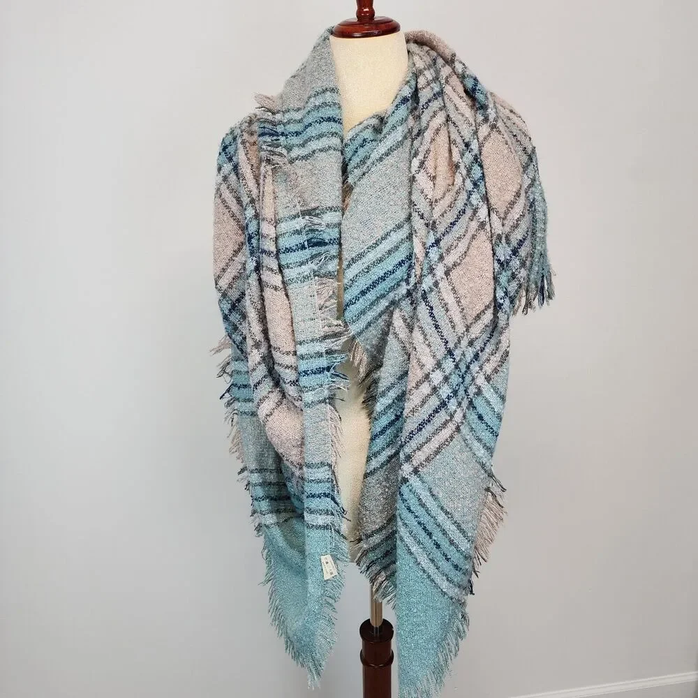 Simply Southern Chunky Knit Plaid Scarf Shawl Wrap Blue Pink Oversized 55x55